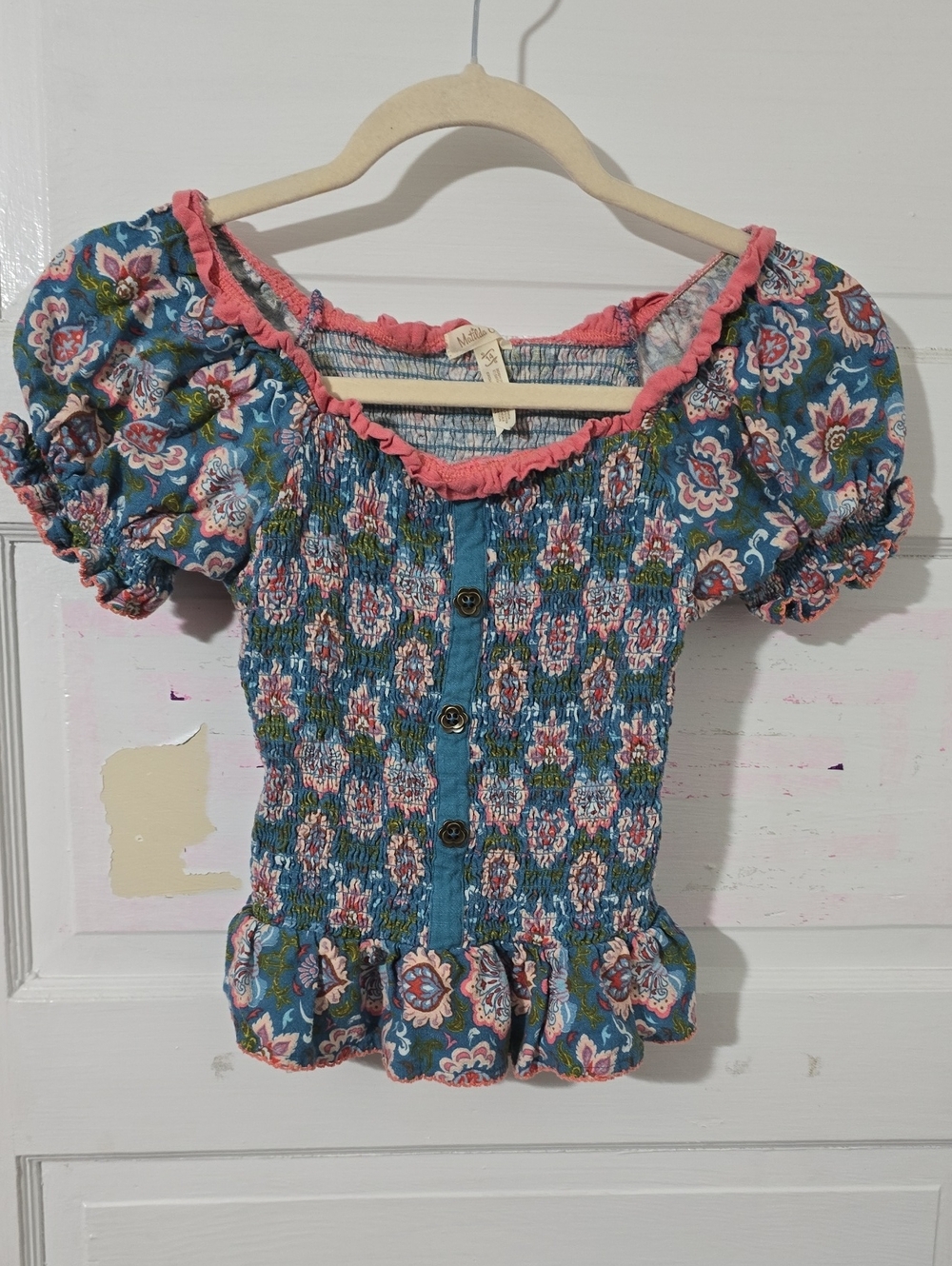 Matilda Jane Girls Blue Floral Smocked Top with Pink Trim